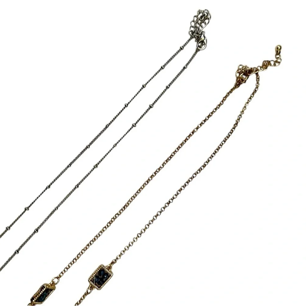 Pair of Boutique gold/silver tone delicate long necklaces faceted beads gunmetal